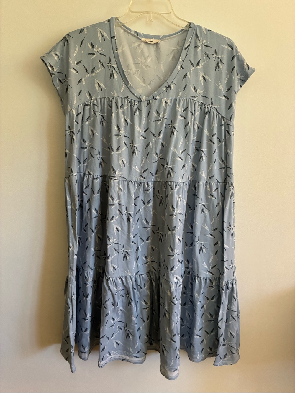 entro Light Blue V-Neck Tiered Midi Dress with Leaf Print